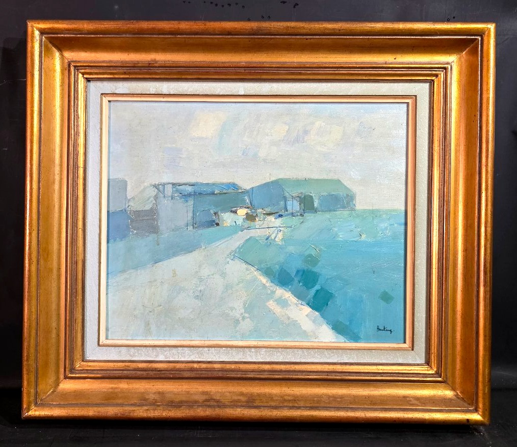 Tableau huile sur toile ferme bleue en Normandie signé Leonard Hunting XXème