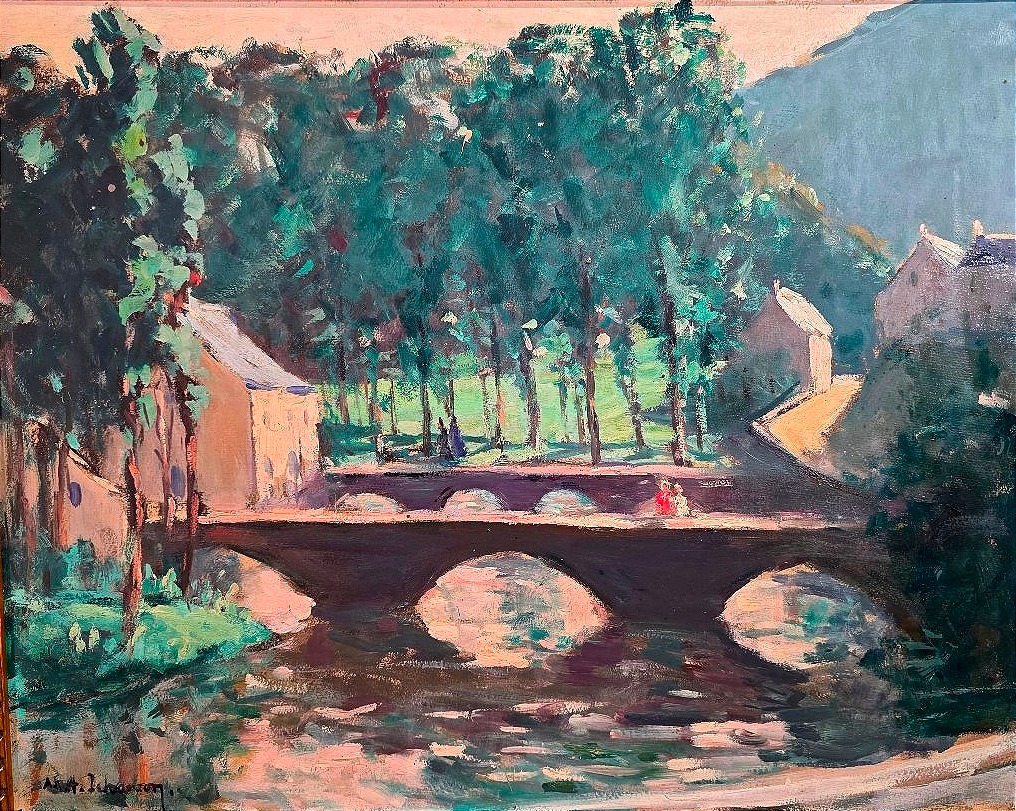 Tableau Ancien Huile Paysage au Pont signé Marie-Anne ICHANSON (1889-1964) -photo-3