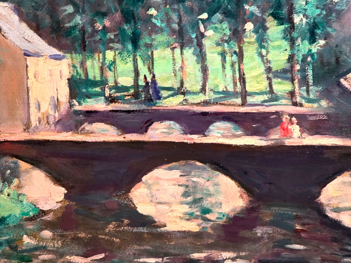 Tableau Ancien Huile Paysage au Pont signé Marie-Anne ICHANSON (1889-1964) -photo-4
