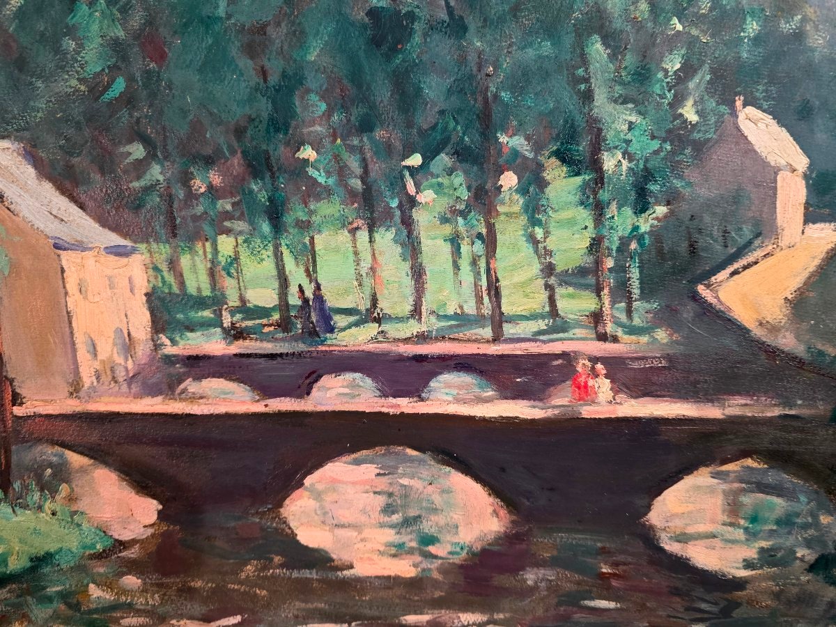 Tableau Ancien Huile Paysage au Pont signé Marie-Anne ICHANSON (1889-1964) -photo-1