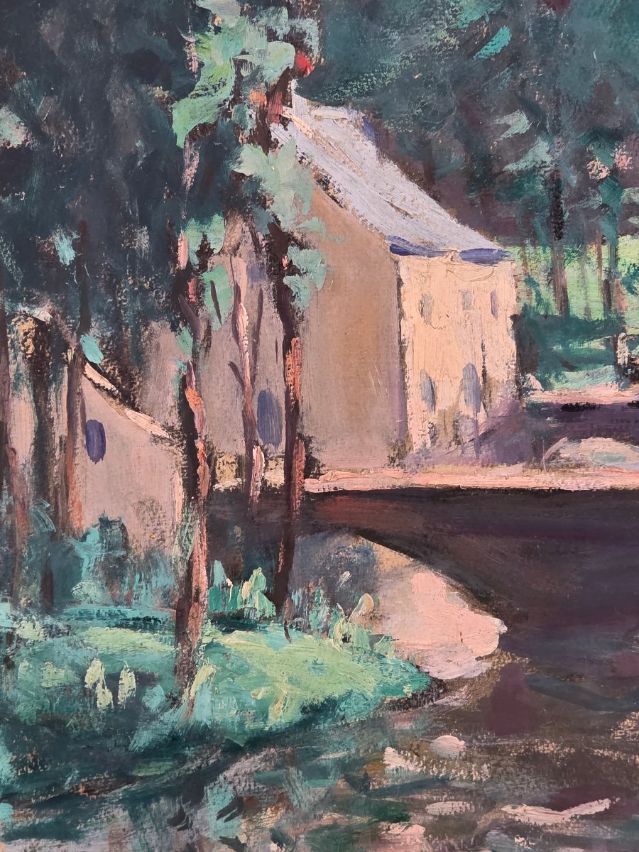 Tableau Ancien Huile Paysage au Pont signé Marie-Anne ICHANSON (1889-1964) -photo-6