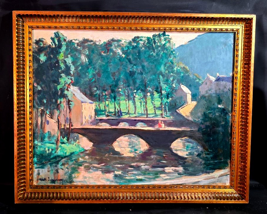 Tableau Ancien Huile Paysage au Pont signé Marie-Anne ICHANSON (1889-1964) 