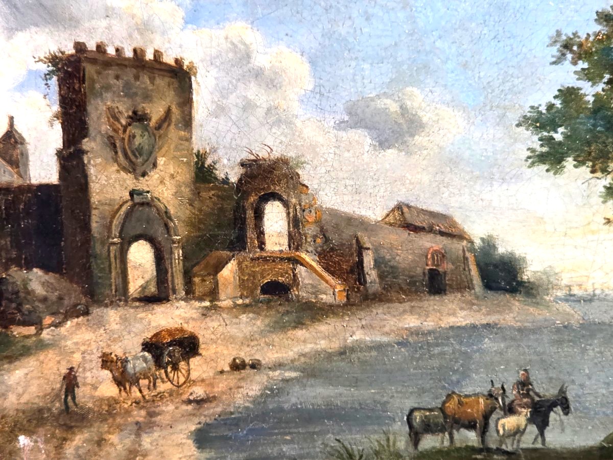 Tableau ancien Huile Paysage animé époque XVIIème-photo-3