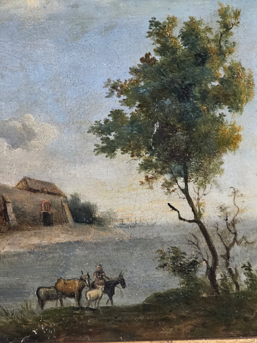 Tableau ancien Huile Paysage animé époque XVIIème-photo-2