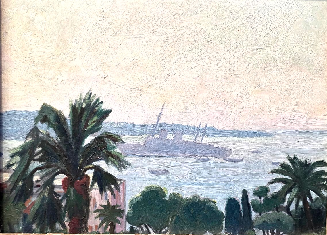 Signed Early 20th-century Oil Painting Of The Cannes Bay Seashore -photo-2