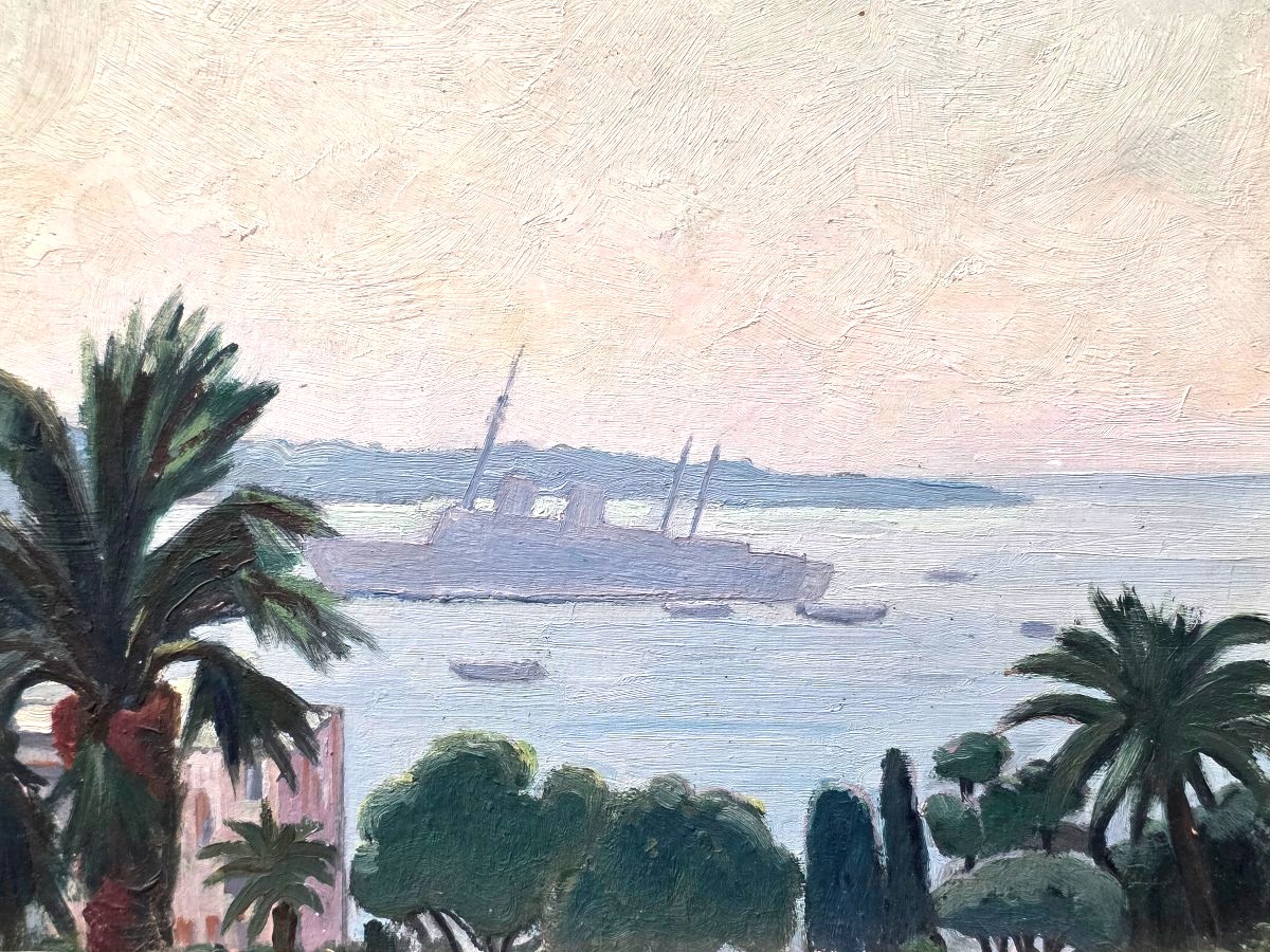 Signed Early 20th-century Oil Painting Of The Cannes Bay Seashore -photo-4