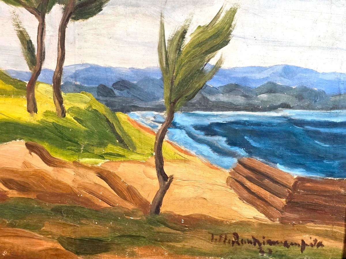 Oil Painting In The Malagasy School Style, Depicting A Seaside Scene, Signed By Jules Claude Randriamampita (1913–1968)-photo-4
