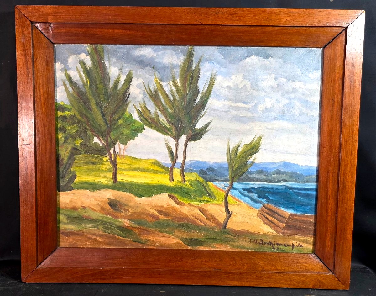 Oil Painting In The Malagasy School Style, Depicting A Seaside Scene, Signed By Jules Claude Randriamampita (1913–1968)