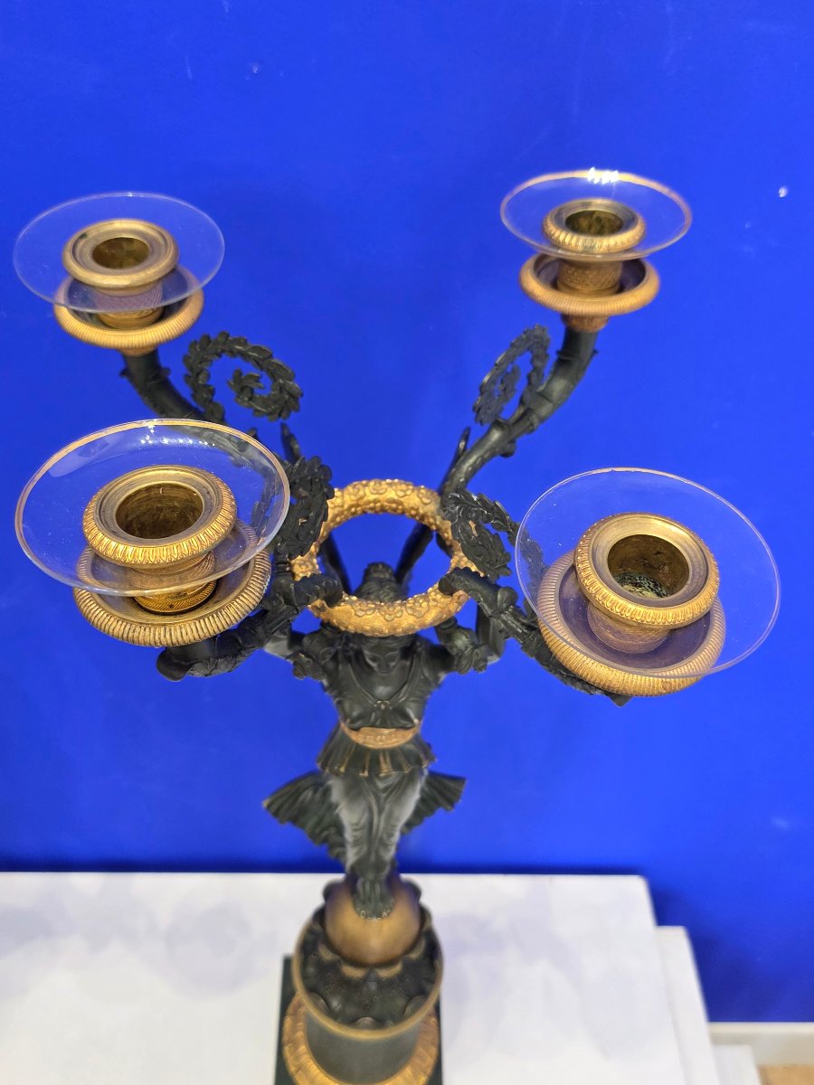 Pair Of Large 6-light Candelabras Featuring Victory Figures, In Patinated And Gilded Bronze; Napoleon III Period-photo-2