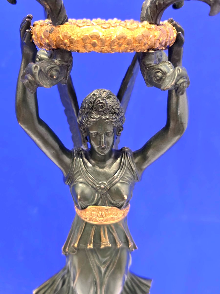 Pair Of Large 6-light Candelabras Featuring Victory Figures, In Patinated And Gilded Bronze; Napoleon III Period-photo-3