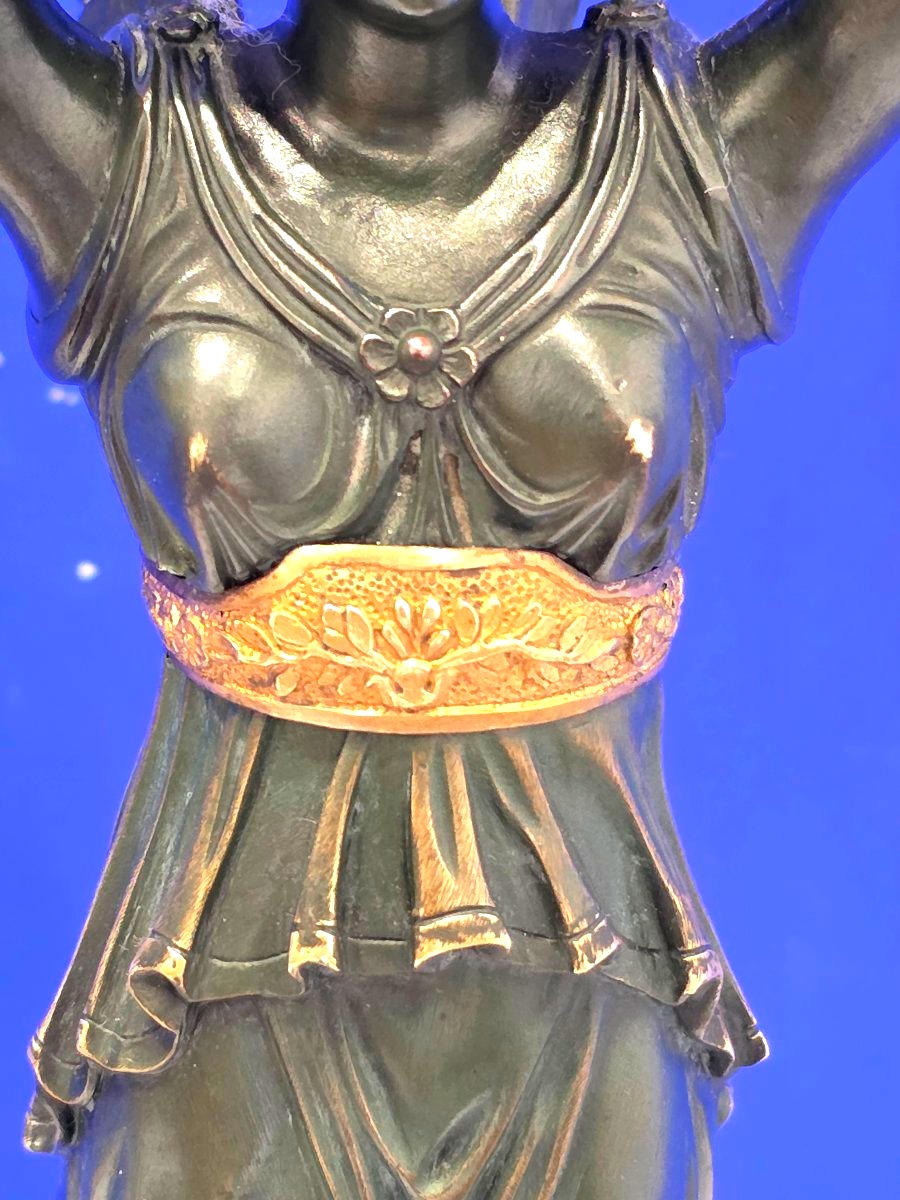 Pair Of Large 6-light Candelabras Featuring Victory Figures, In Patinated And Gilded Bronze; Napoleon III Period-photo-4