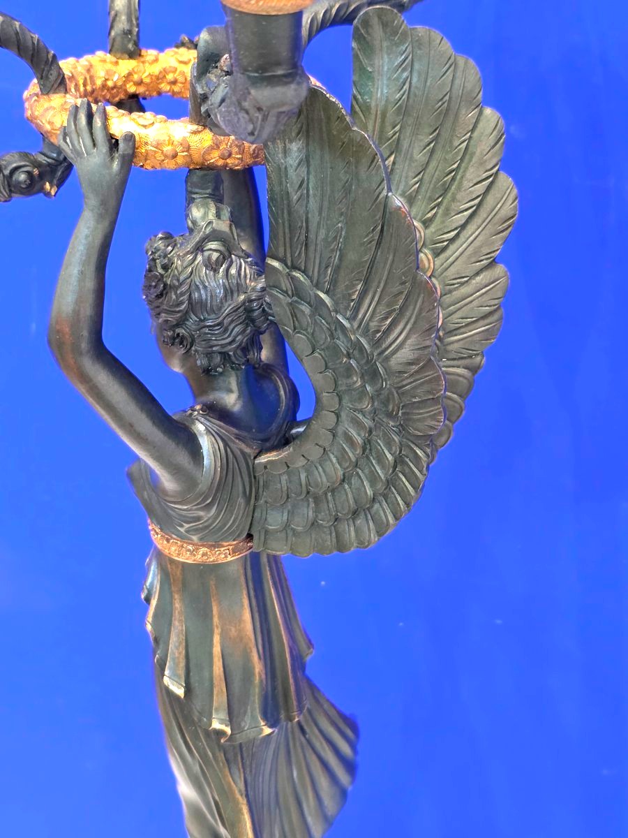Pair Of Large 6-light Candelabras Featuring Victory Figures, In Patinated And Gilded Bronze; Napoleon III Period-photo-4