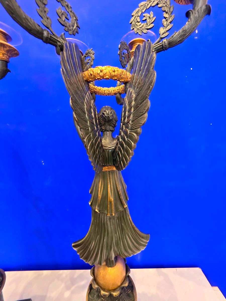 Pair Of Large 6-light Candelabras Featuring Victory Figures, In Patinated And Gilded Bronze; Napoleon III Period-photo-6