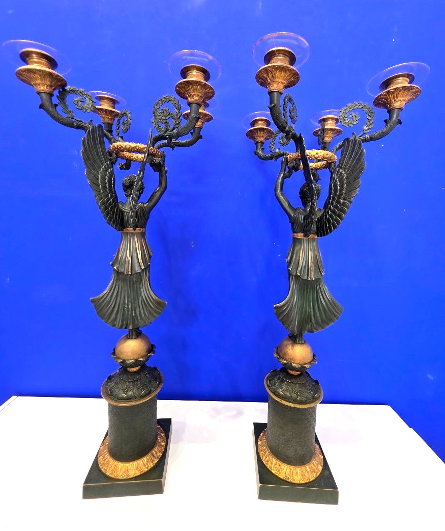 Pair Of Large 6-light Candelabras Featuring Victory Figures, In Patinated And Gilded Bronze; Napoleon III Period-photo-7