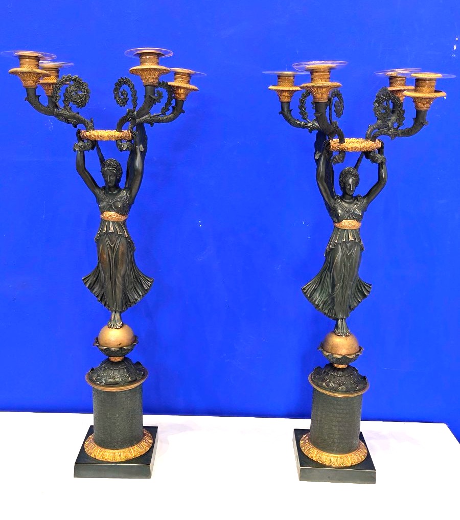 Pair Of Large 6-light Candelabras Featuring Victory Figures, In Patinated And Gilded Bronze; Napoleon III Period