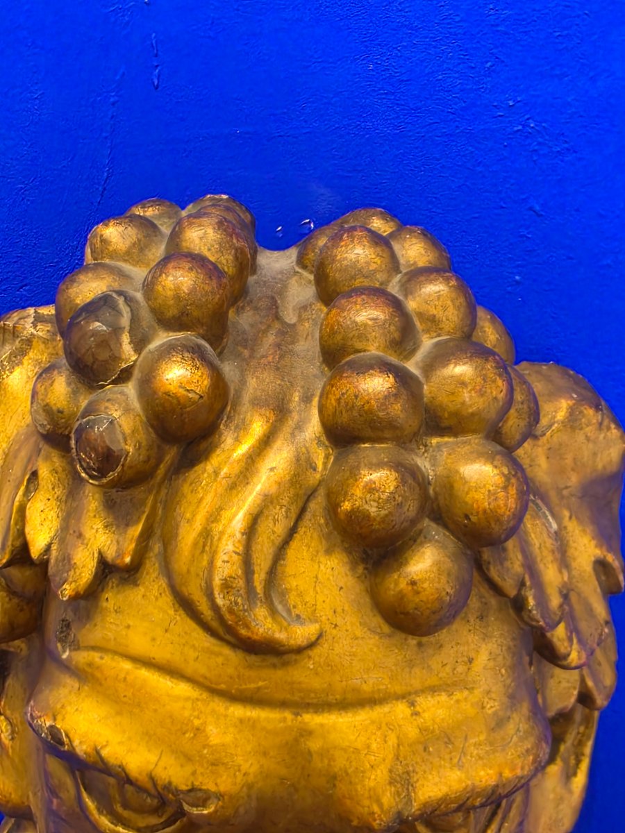 Paire de Mascarons en Bois Sculpté et Doré « Têtes de Bacchus » Époque Louis XV, XVIIIe siècle-photo-2