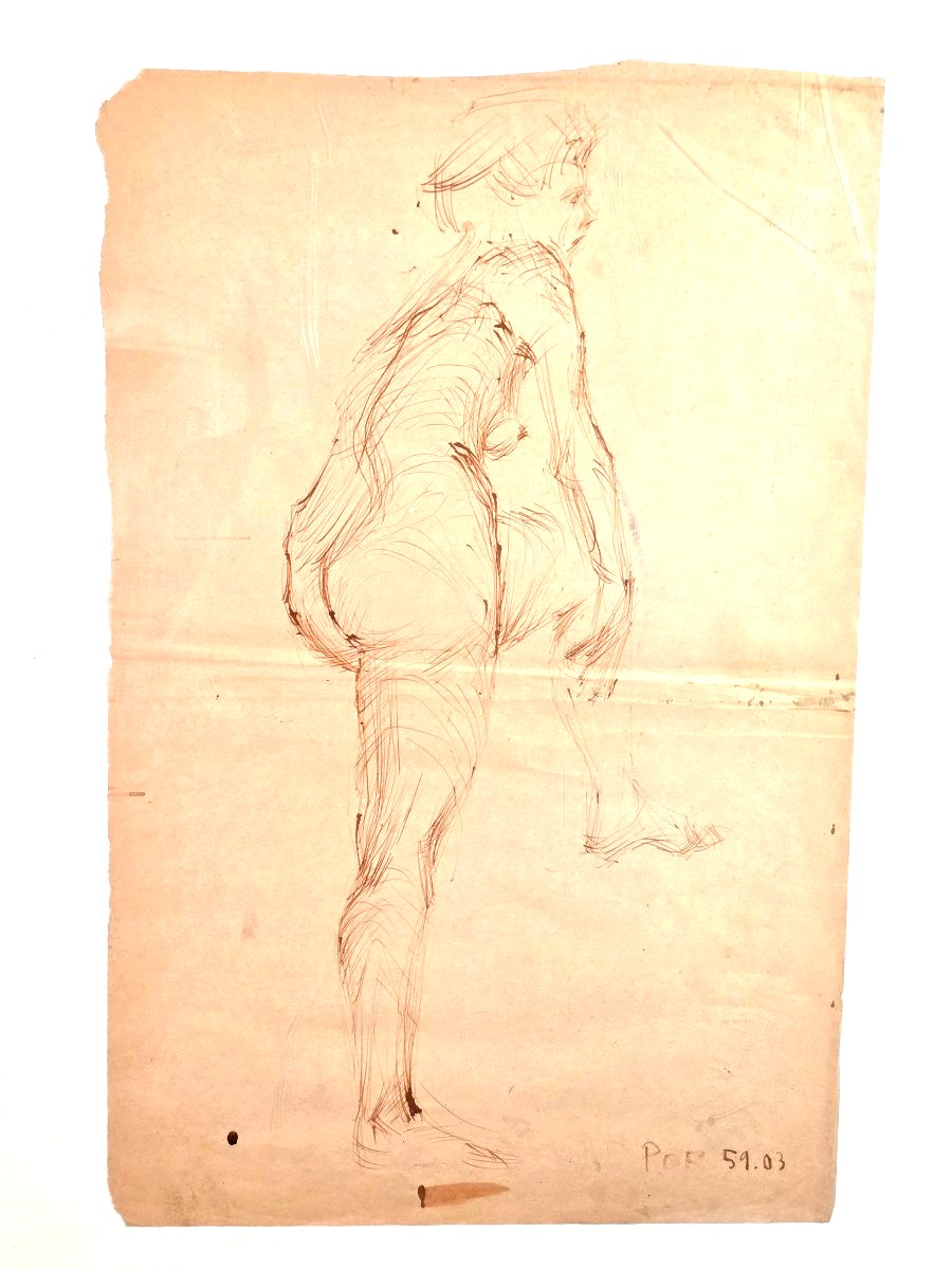 Tableau Dessin original à l'encre Bertalan PÓR (1880-1964) Nu féminin (1959)-photo-3