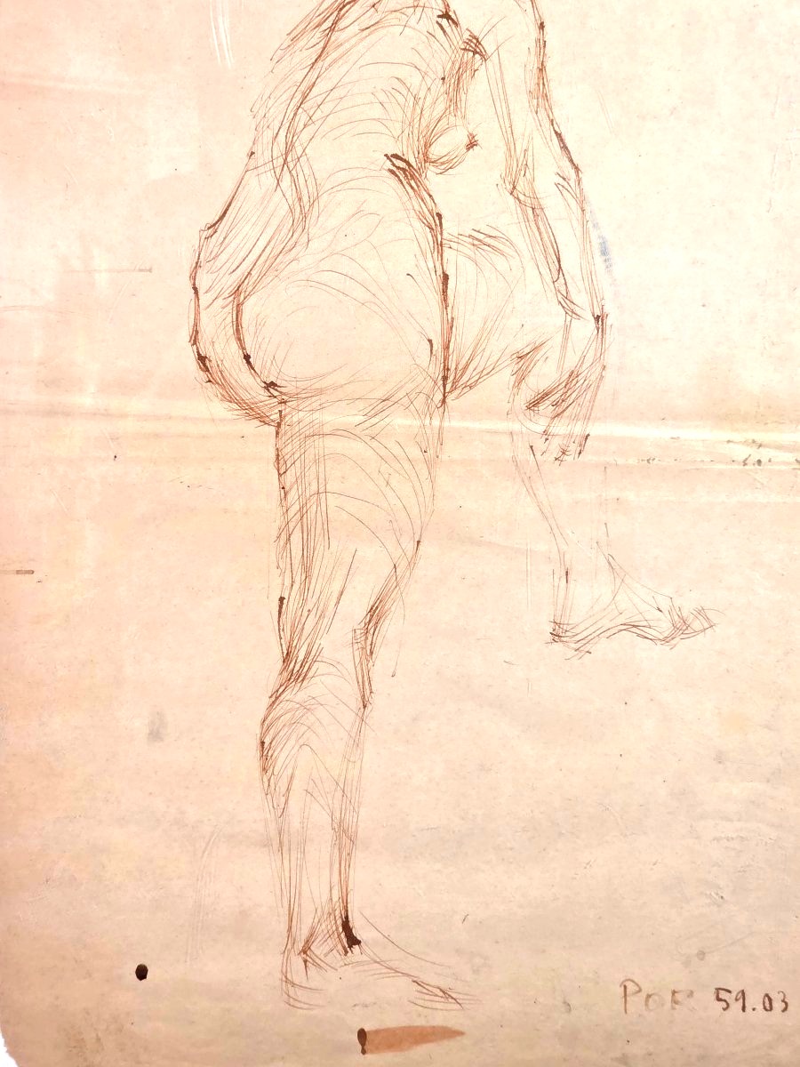Tableau Dessin original à l'encre Bertalan PÓR (1880-1964) Nu féminin (1959)-photo-3
