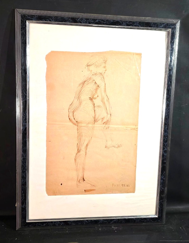 Tableau Dessin original à l'encre Bertalan PÓR (1880-1964) Nu féminin (1959)