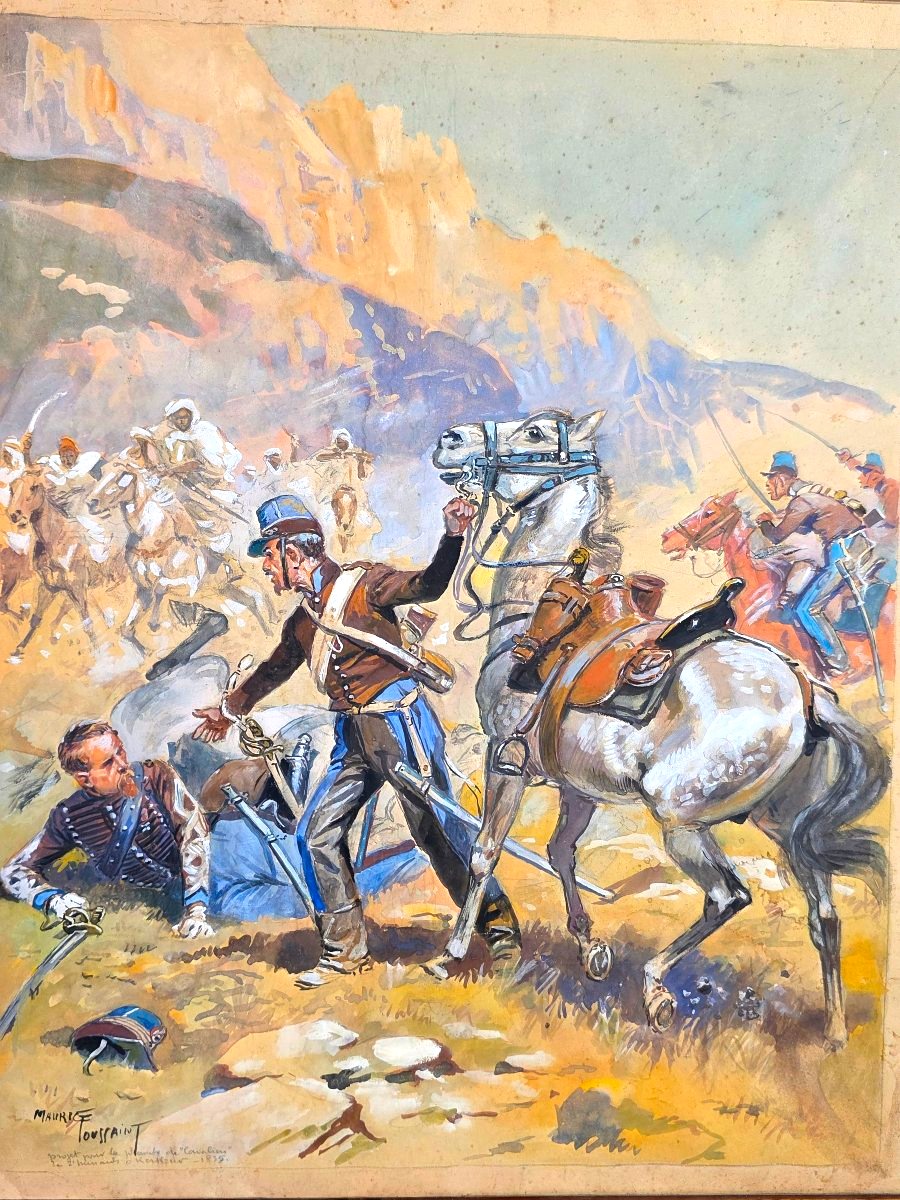 Maurice TOUSSAINT (1882-1974)​ Scène de combat cavalerie Algérie Militaria Rare-photo-2