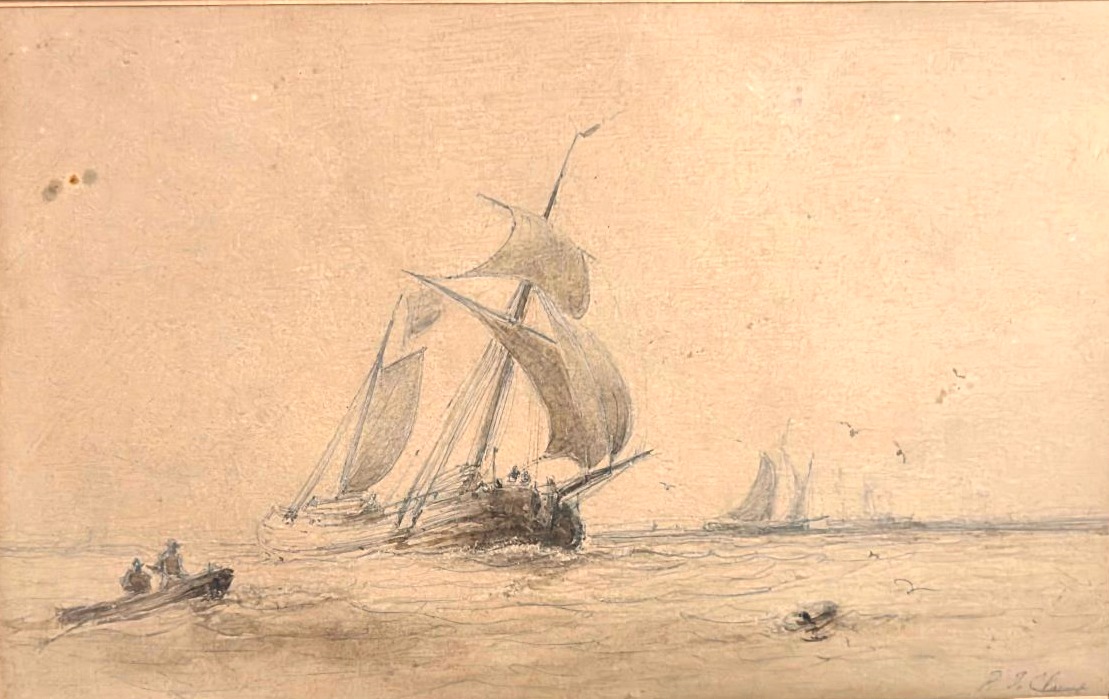 Tableau ancien Crayon Craie signé Paul-Jean CLAYS (1819-1900) Bateaux -photo-3