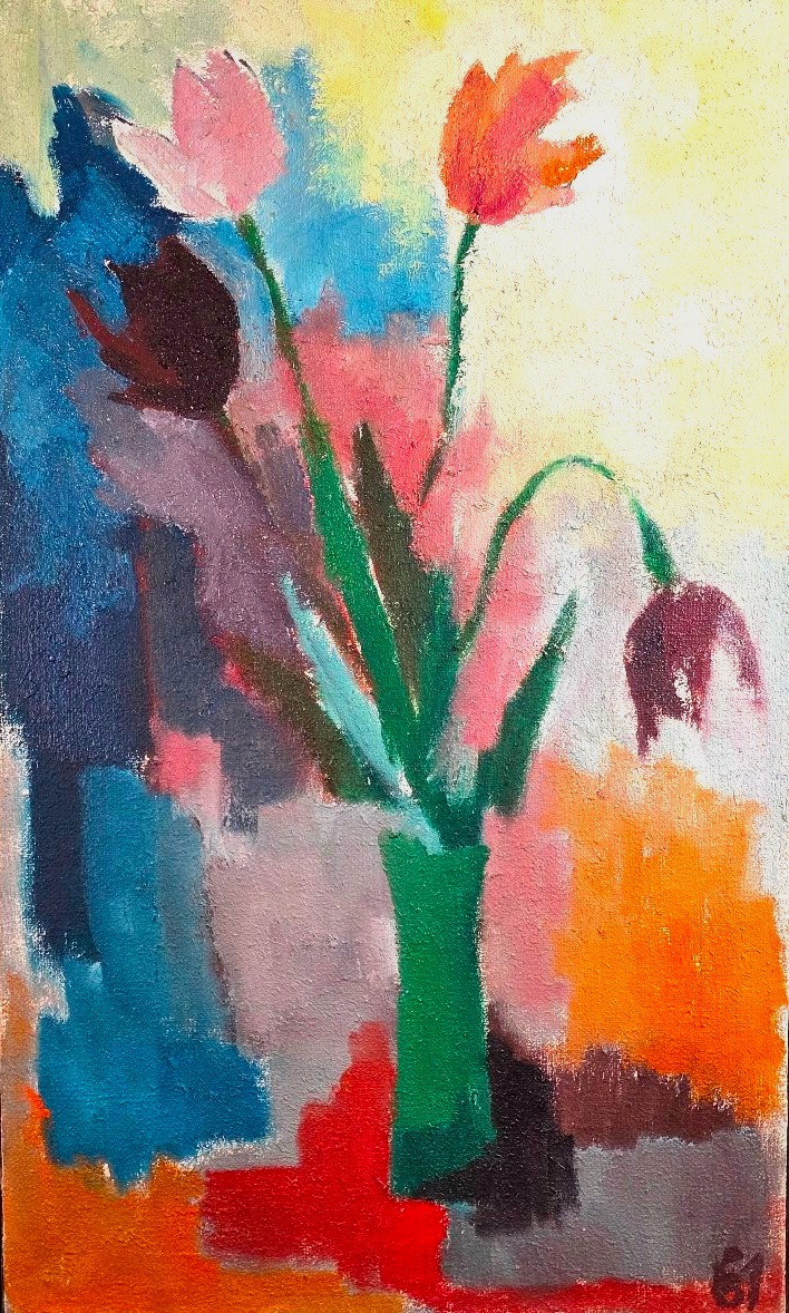 Painting By Pierre Jourda (20th Century) – Still Life With Tulips (1961) Atelier XXème-photo-2