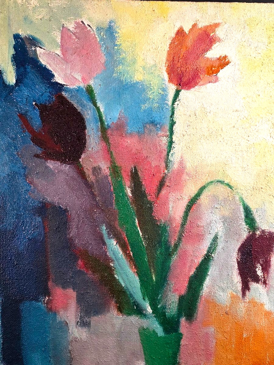 Painting By Pierre Jourda (20th Century) – Still Life With Tulips (1961) Atelier XXème-photo-4