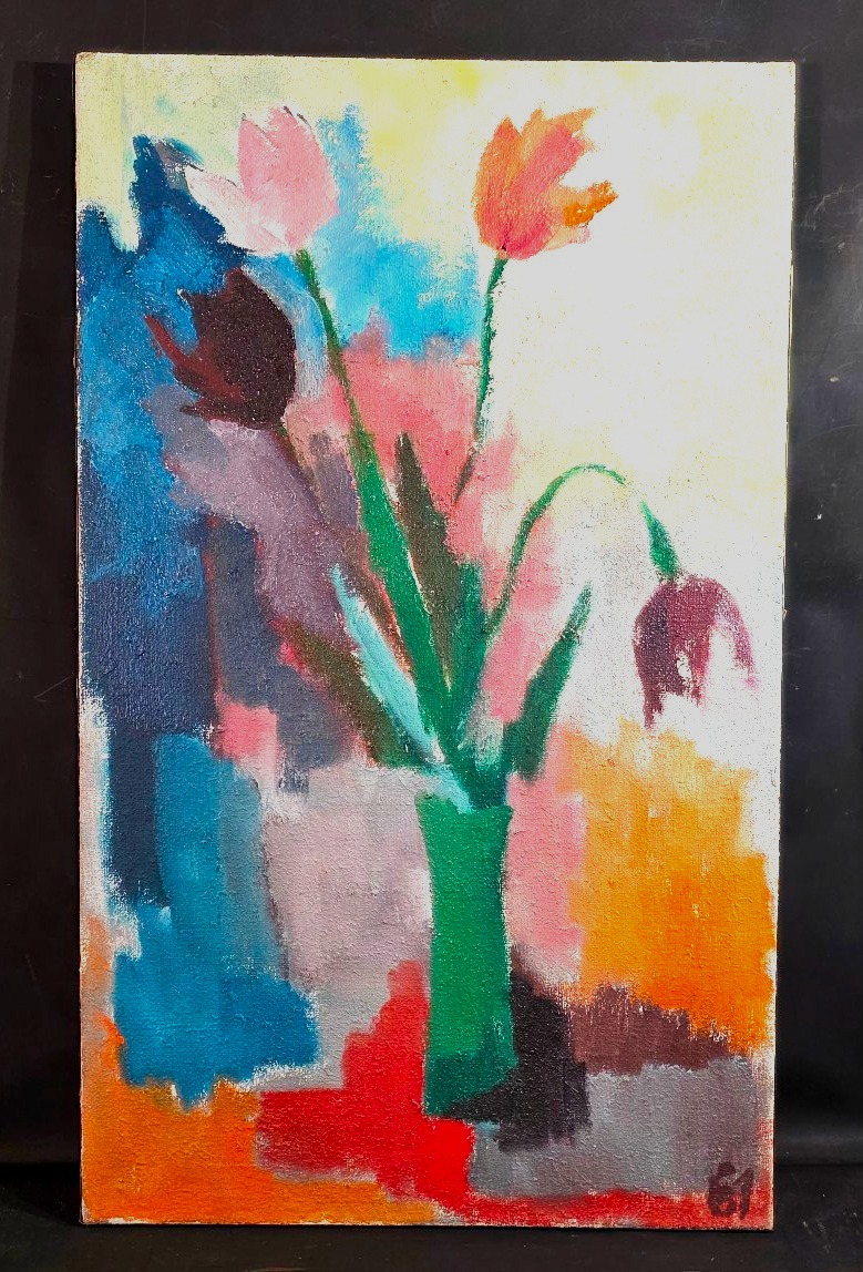 Painting By Pierre Jourda (20th Century) – Still Life With Tulips (1961) Atelier XXème