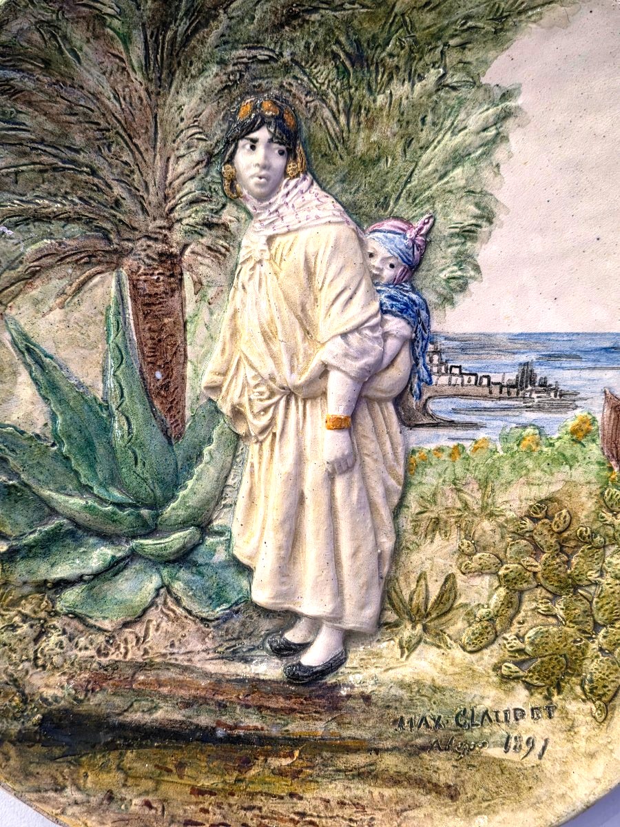 Large Glazed Ceramic Wall Plate With An Orientalist Relief Design, Signed By Max Claudet -photo-2