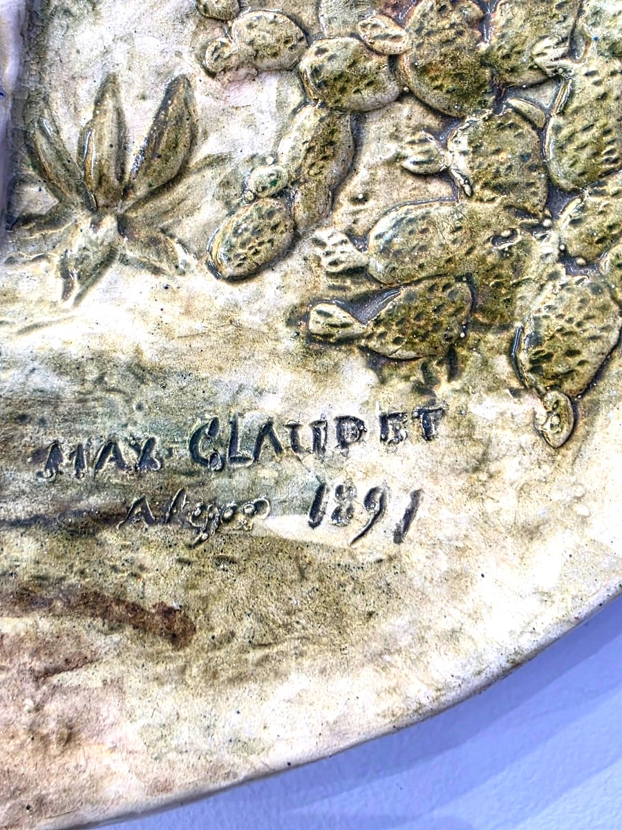 Large Glazed Ceramic Wall Plate With An Orientalist Relief Design, Signed By Max Claudet -photo-3
