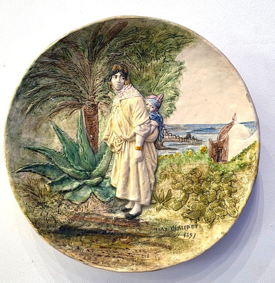 Large Glazed Ceramic Wall Plate With An Orientalist Relief Design, Signed By Max Claudet 