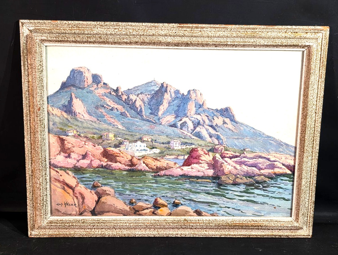 Tableau aquarelle vue du Cap Roux Estérel signé Louis WEGER (1903-1974)
