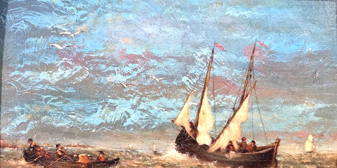Tableau ancien Huile Paysage animé marine Romantisme Signé début XIXème-photo-2