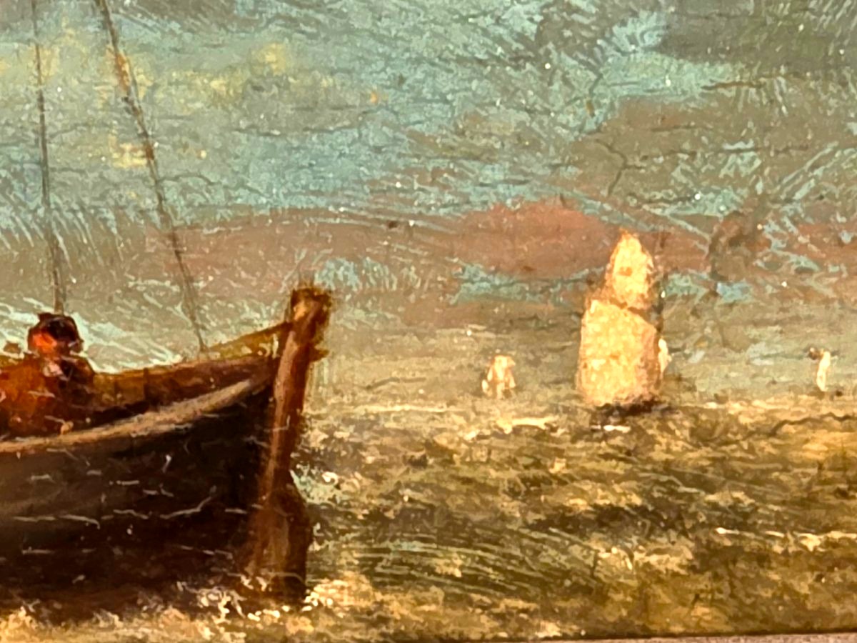 Tableau ancien Huile Paysage animé marine Romantisme Signé début XIXème-photo-3