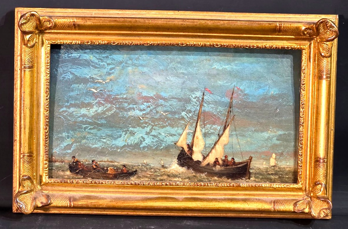 Tableau ancien Huile Paysage animé marine Romantisme Signé début XIXème