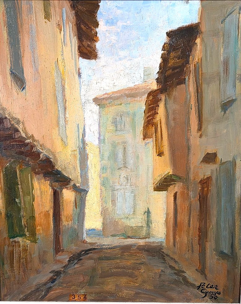 Oil Painting Of A Bustling City Scene On Rue Du Tarn In Midi, Signed By Peter Georges, Early 20th Century -photo-2