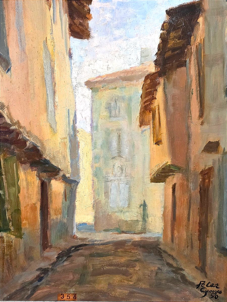 Oil Painting Of A Bustling City Scene On Rue Du Tarn In Midi, Signed By Peter Georges, Early 20th Century -photo-4