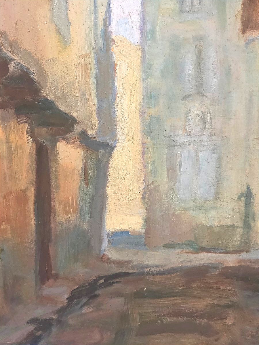 Oil Painting Of A Bustling City Scene On Rue Du Tarn In Midi, Signed By Peter Georges, Early 20th Century -photo-1