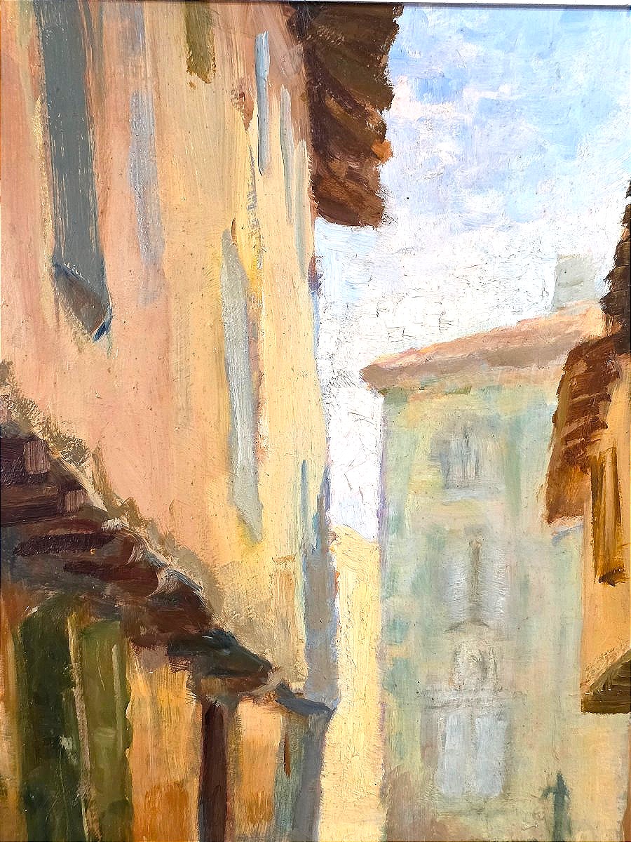 Oil Painting Of A Bustling City Scene On Rue Du Tarn In Midi, Signed By Peter Georges, Early 20th Century -photo-2