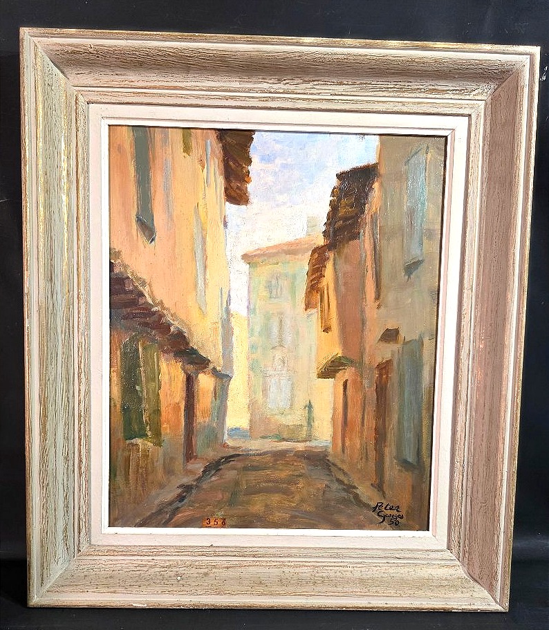 Oil Painting Of A Bustling City Scene On Rue Du Tarn In Midi, Signed By Peter Georges, Early 20th Century 