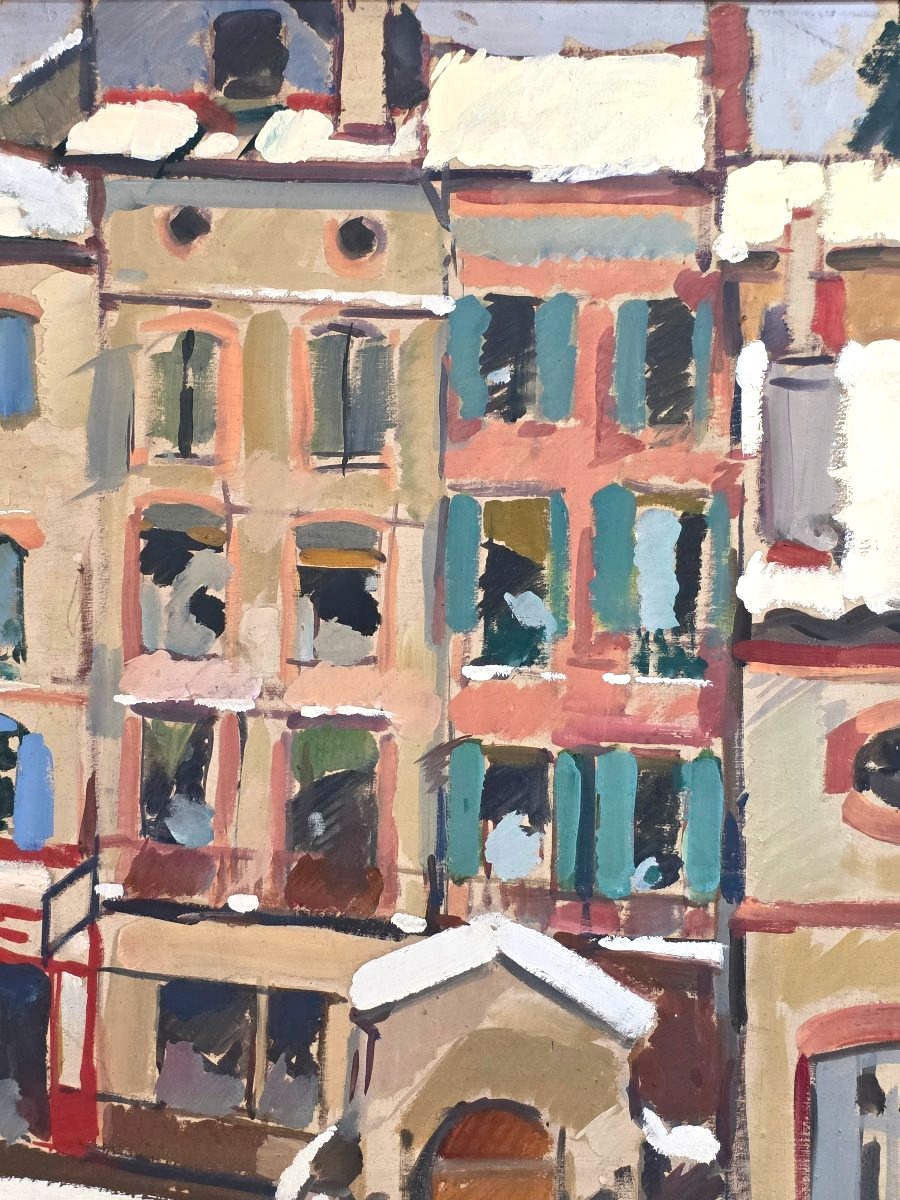 Oil Painting Of The City Of Toulouse, "snow-covered Roofs" (urban), Signed, 20th Century -photo-4