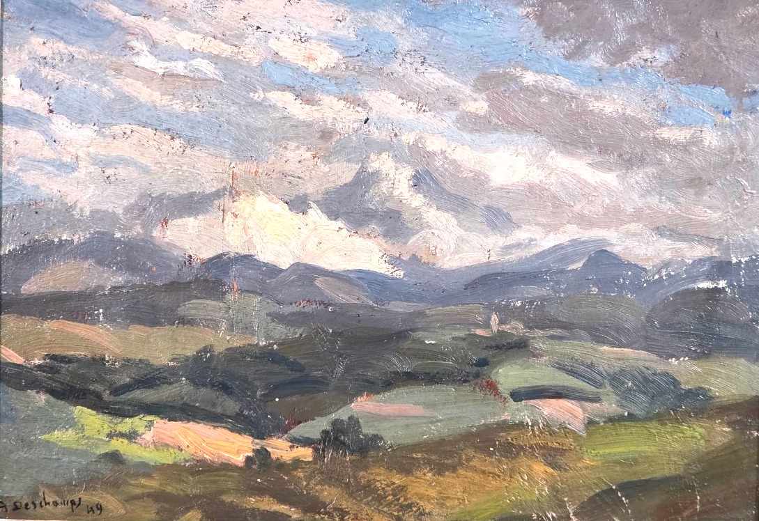 Oil Painting, "basque Landscape," 1949, Signed A. Deschamps, 20th Century-photo-3