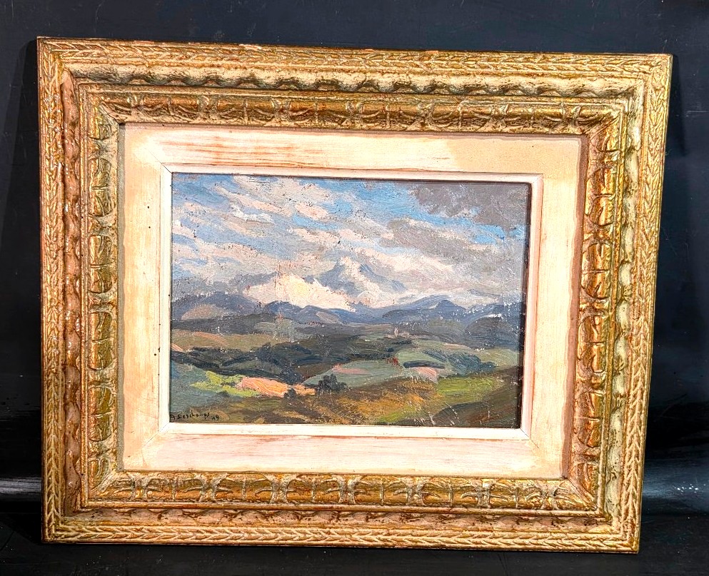 Oil Painting, "basque Landscape," 1949, Signed A. Deschamps, 20th Century