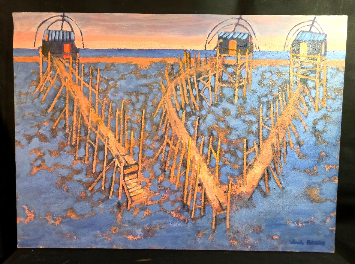 Oil Painting: "seaside Fishing At Carrelet," Signed By Claude Bonno, 20th Century