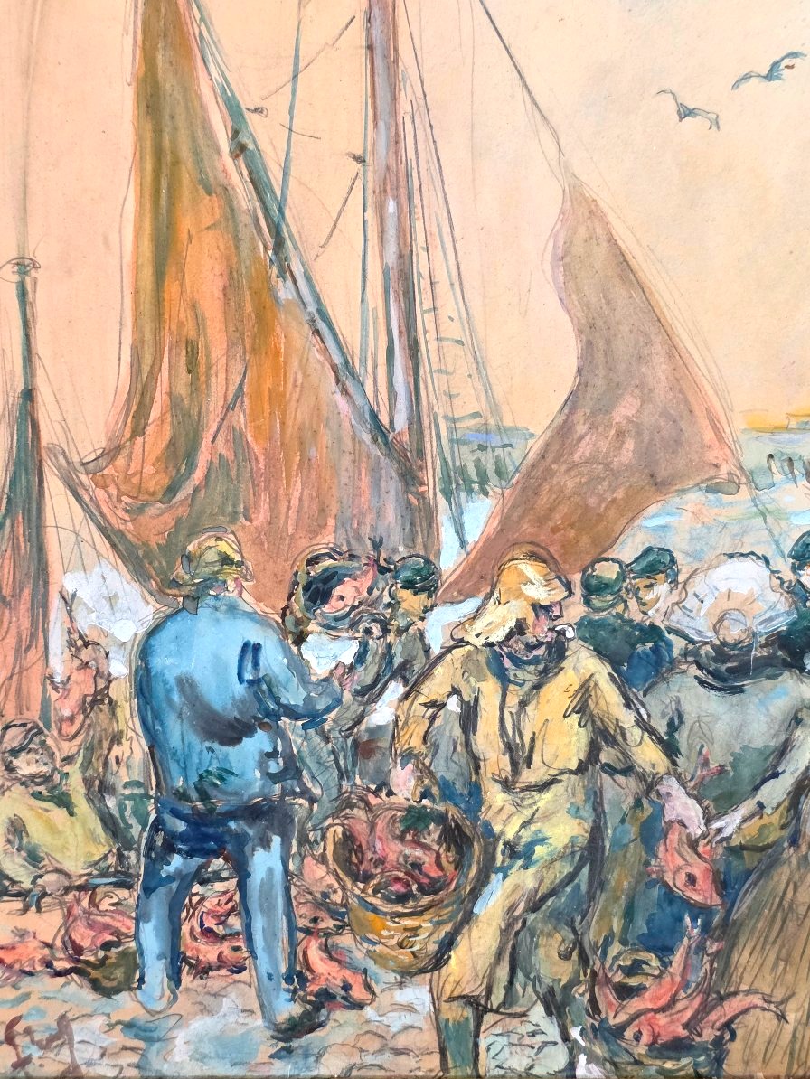 Antique Gouache Painting: "return From Fishing—a Scene At Port Breton," Signed, Early 20th Century-photo-4
