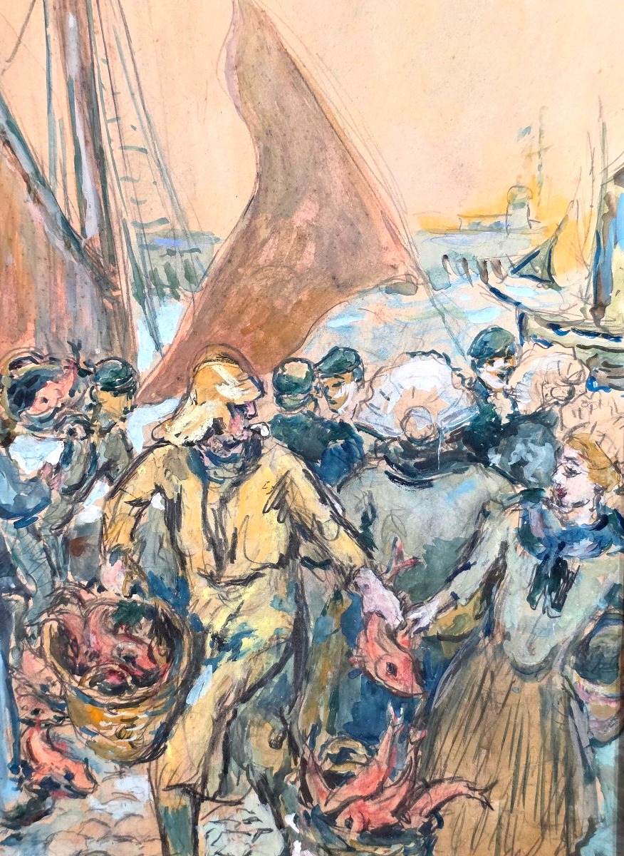Antique Gouache Painting: "return From Fishing—a Scene At Port Breton," Signed, Early 20th Century-photo-1
