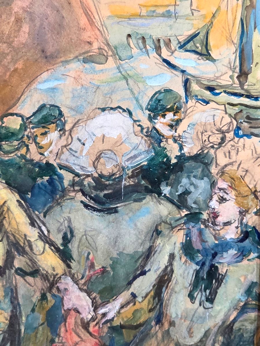 Antique Gouache Painting: "return From Fishing—a Scene At Port Breton," Signed, Early 20th Century-photo-3