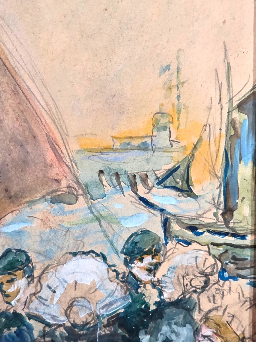 Antique Gouache Painting: "return From Fishing—a Scene At Port Breton," Signed, Early 20th Century-photo-5