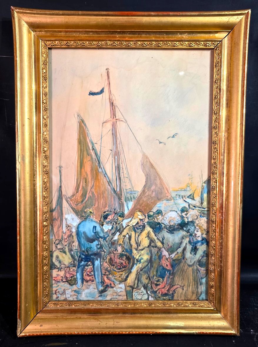 Antique Gouache Painting: "return From Fishing—a Scene At Port Breton," Signed, Early 20th Century