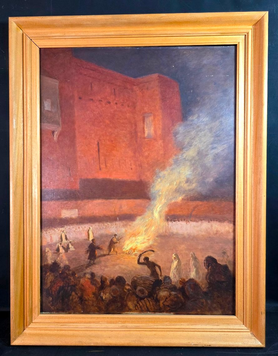 Oil Painting Depicting A Moroccan Festival, Orientalist Style, By Georges Scott (1873–1943) 